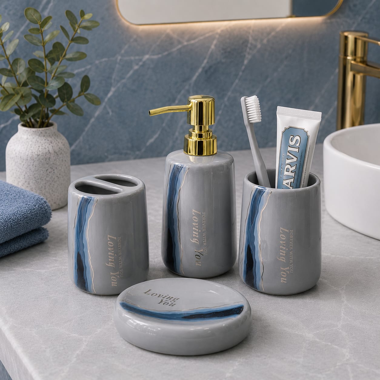 Grey & Navy Bathroom Set (4pcs)