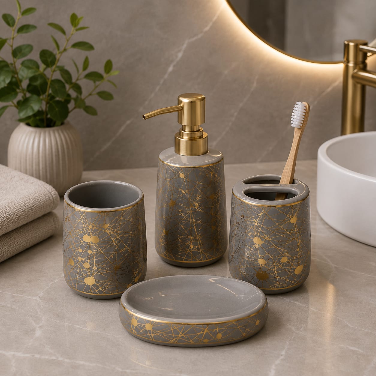 Grey & Gold Bathroom Set (4pcs)