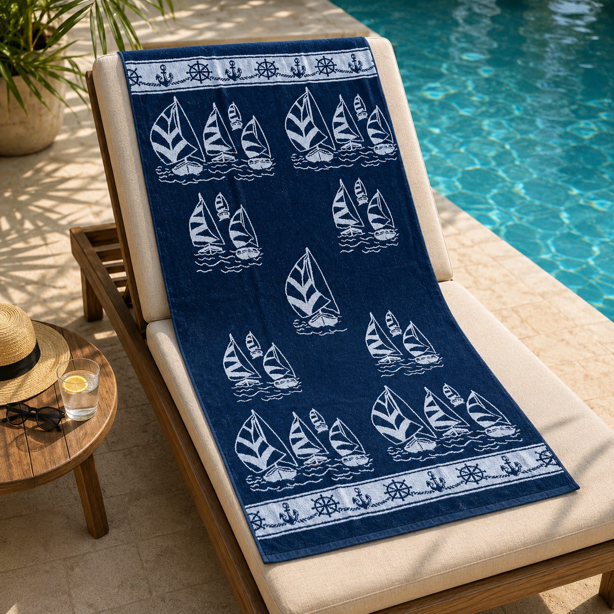 Navy Boats Cotton Beach Towel (85x160cm)
