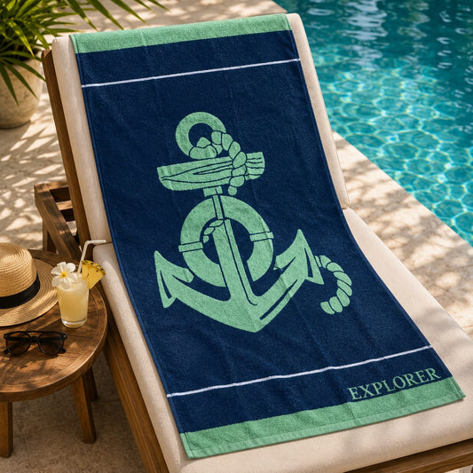 Green Anchor Cotton Beach Towel (85x160cm)