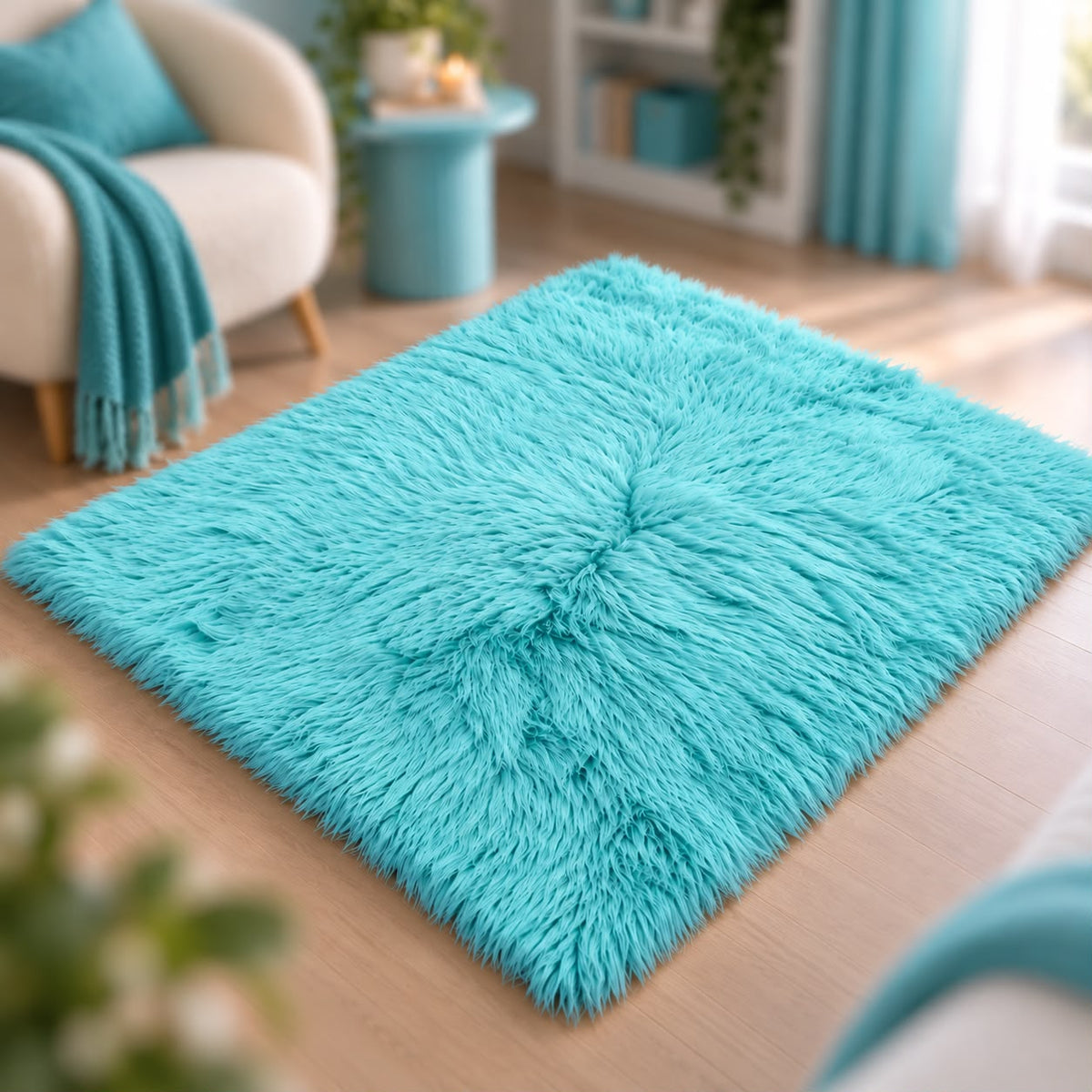 Faux Fur Turquoise Rectangle Rug