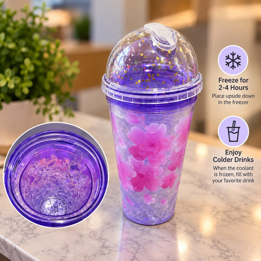 Flowers Frosty Plastic Cup with Straw 500ml