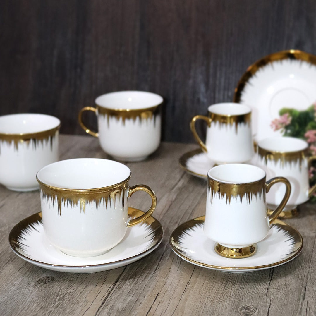 Gold Lines Porcelain Cups & Saucers Set (6pcs)