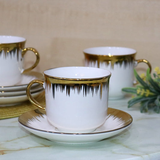 Gold Top Porcelain Tea Cups & Saucers Set (6pcs)