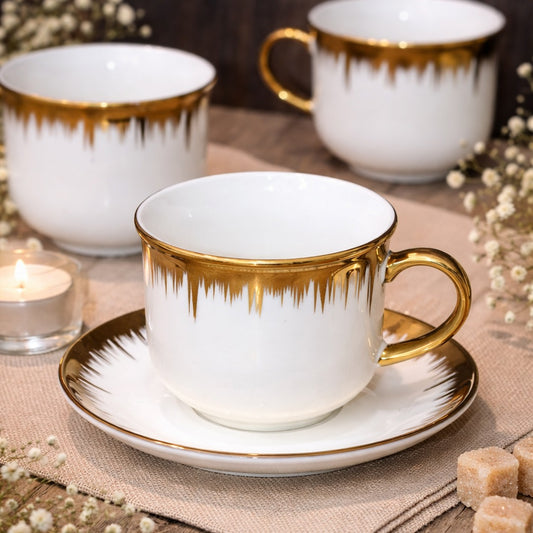 Gold Top Porcelain Tea Cups & Saucers Set (6pcs)