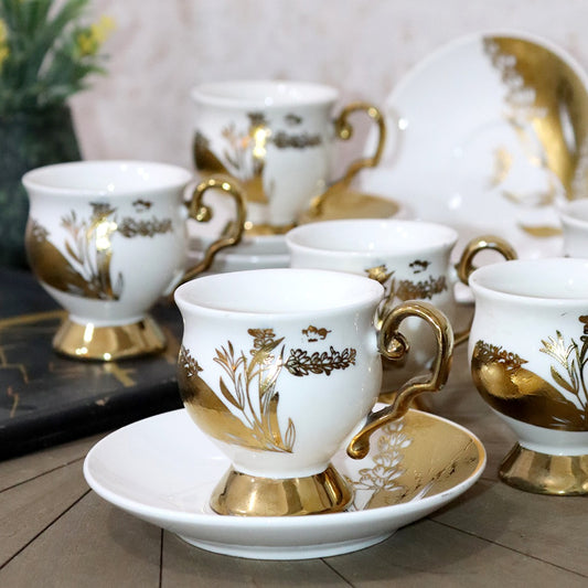 Golden Flower Porcelain Coffee Cups & Saucers Set (6pcs)