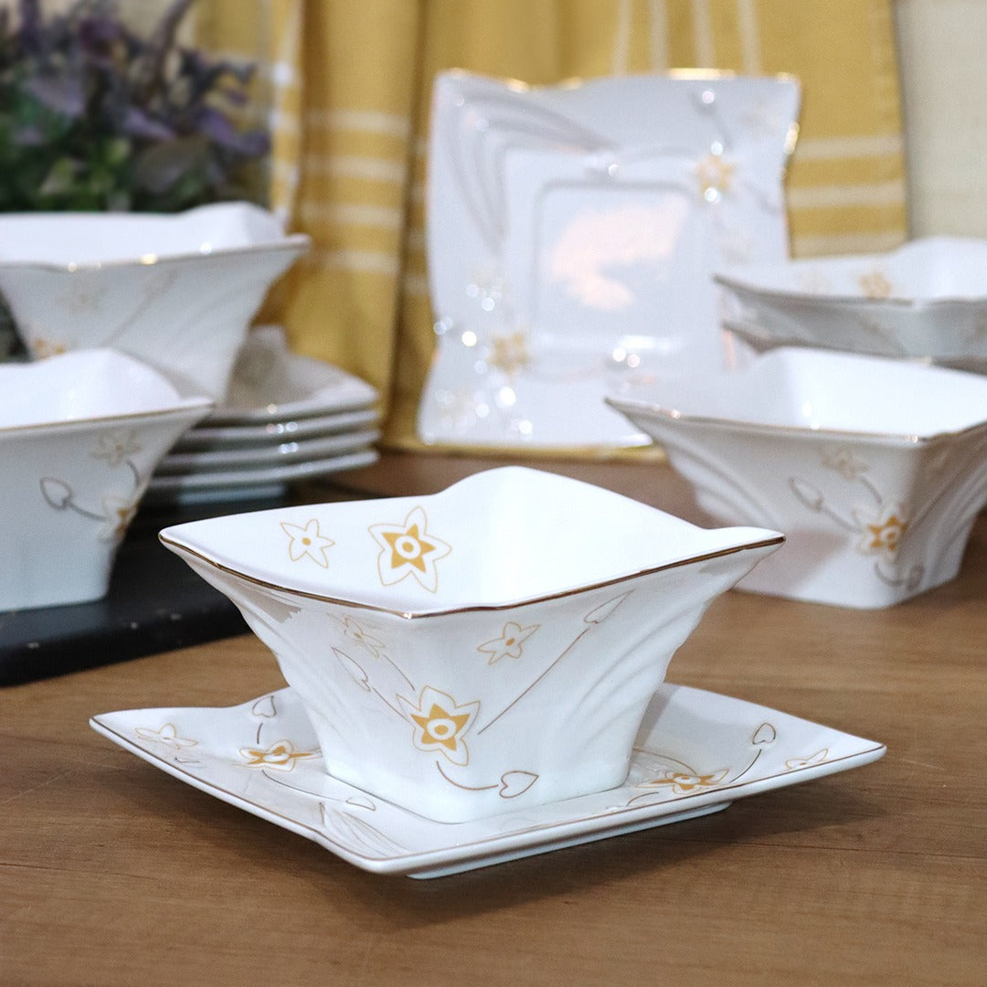Golden Flowers Porcelain Bowls & Saucers Set