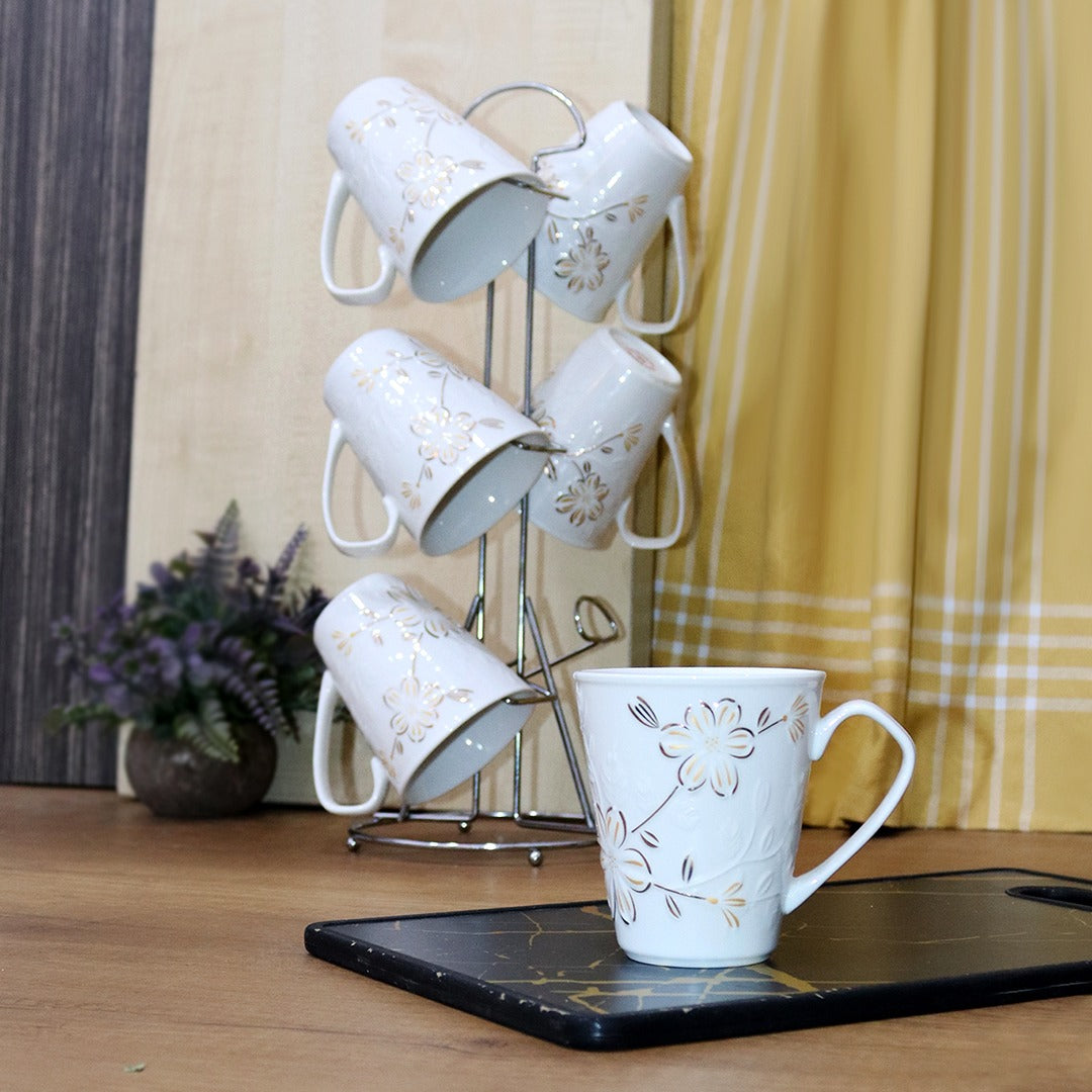 Golden Flowers Porcelain Mugs with Stand