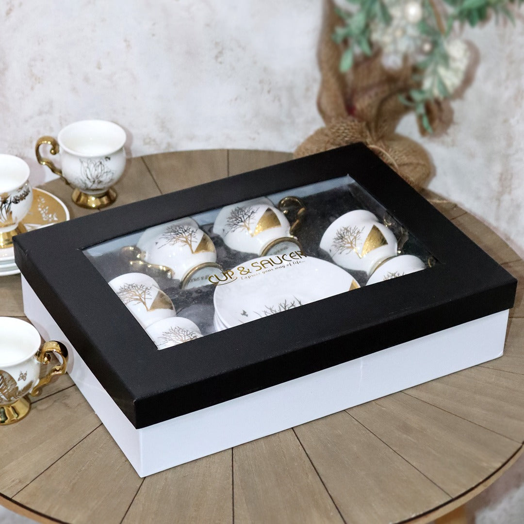 Golden Leaves Porcelain Coffee Cups & Saucers Set (6pcs)