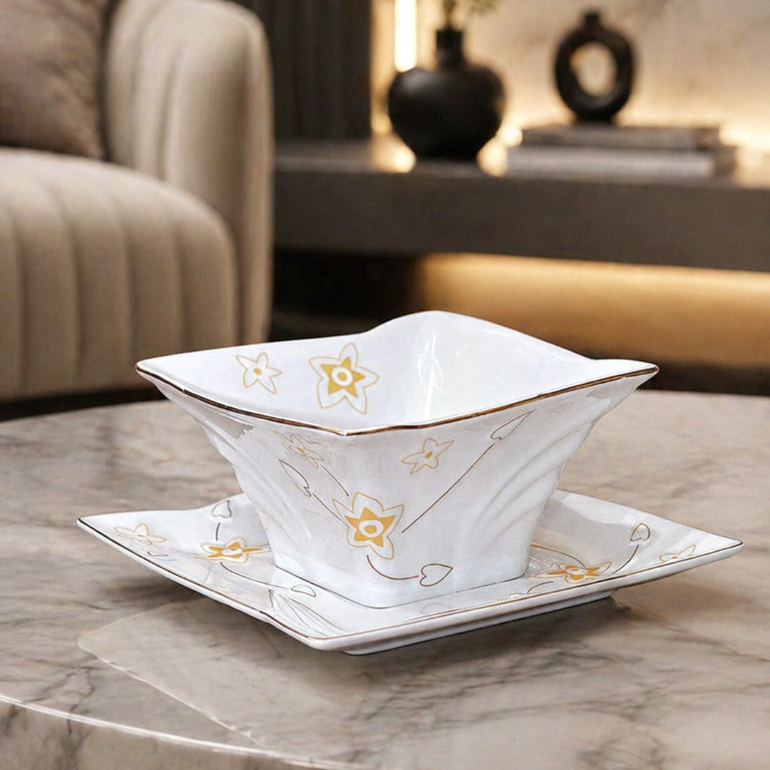 Golden Flowers Porcelain Bowls & Saucers Set