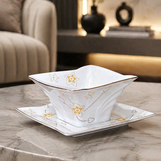 Golden Flowers Porcelain Bowls & Saucers Set