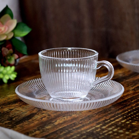 Lines Glass Coffee Cups & Saucers Set (6pcs)