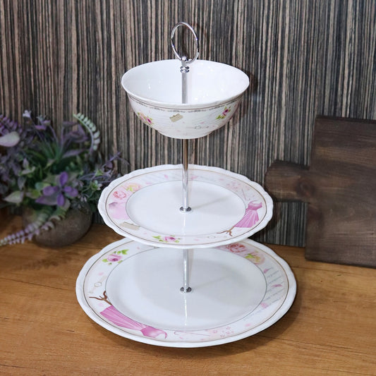 Pink Flowers Porcelain Bowl & Plates Stand