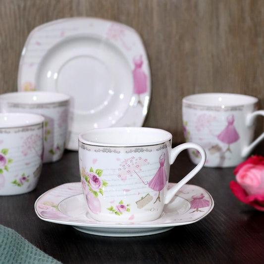 Pink Flowers Porcelain Tea Cups & Saucers Set