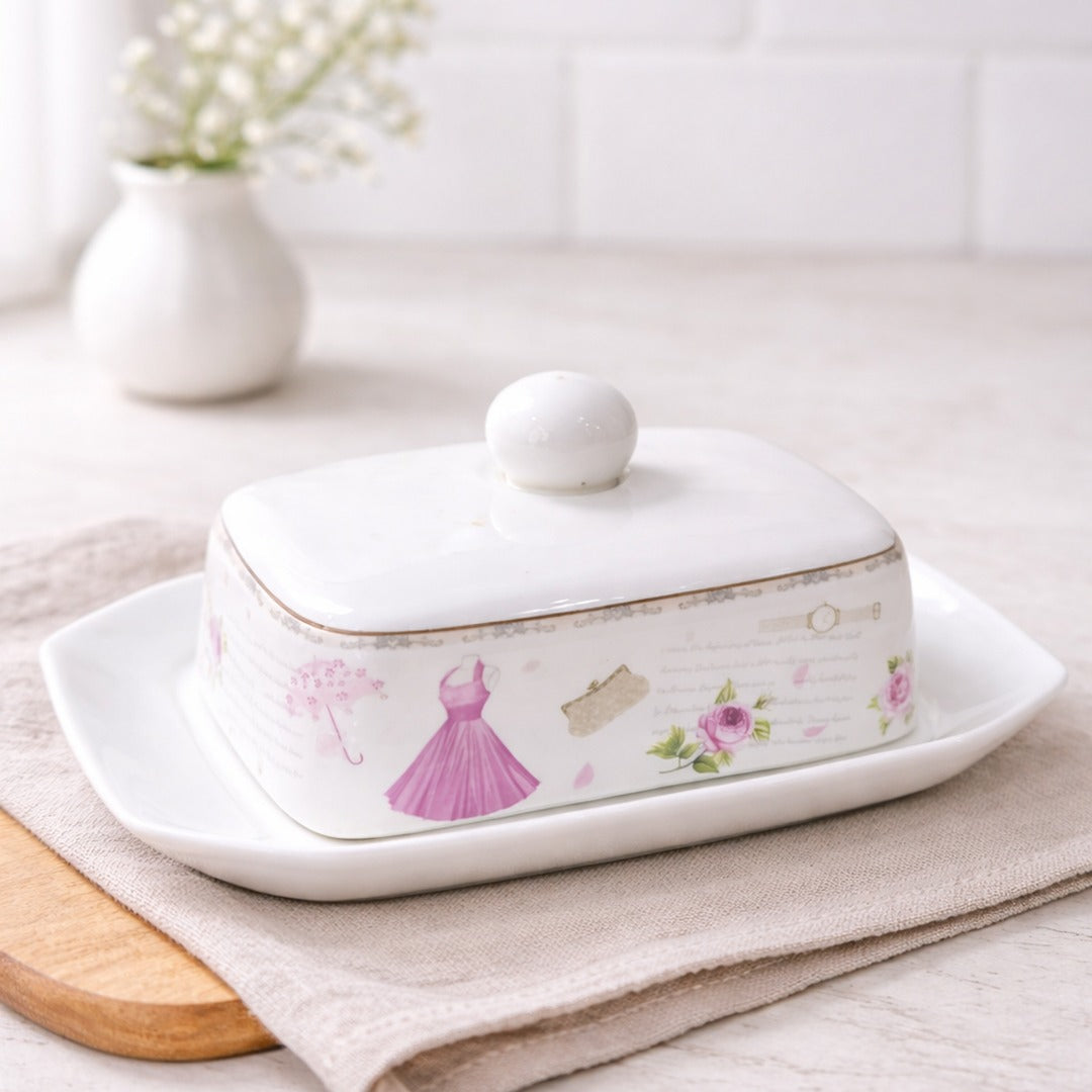 Pink Flowers Porcelain Butter Plate with Lid