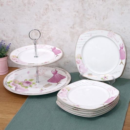 Pink Flowers Porcelain Plates & Stand