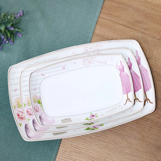 Pink Flowers Porcelain Rectangle Plates Set (3pcs)