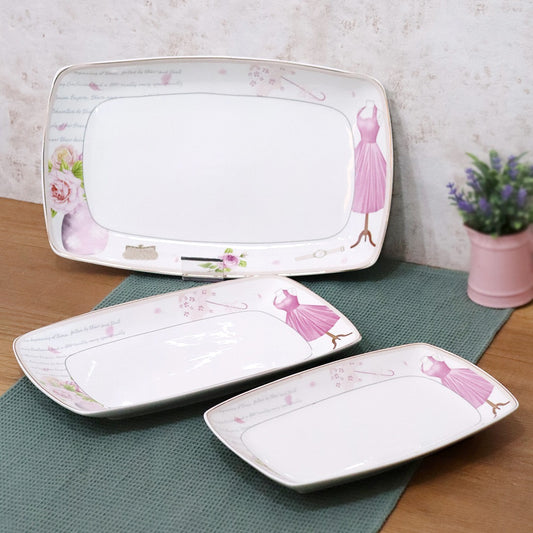 Pink Flowers Porcelain Rectangle Plates Set (3pcs)