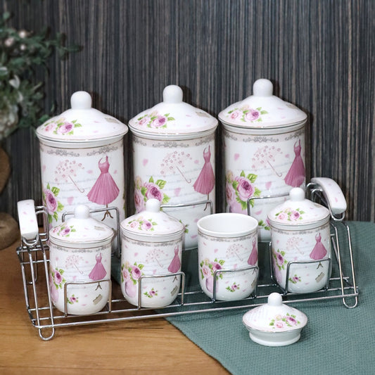 Pink Flowers Porcelain Canisters Set