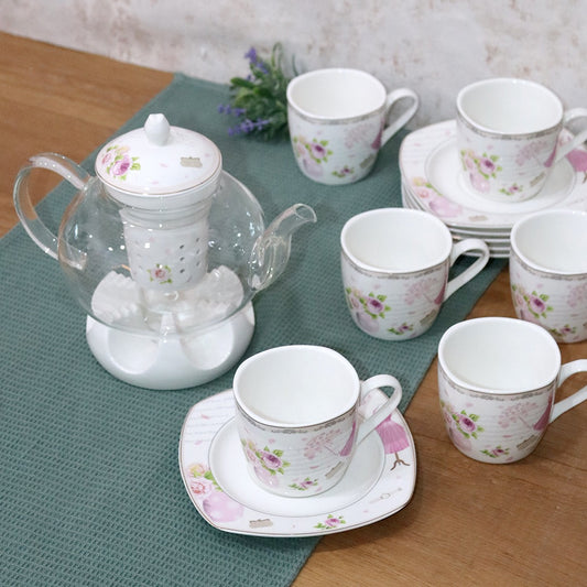 Pink Flowers Porcelain Tea Cups & Pot Set