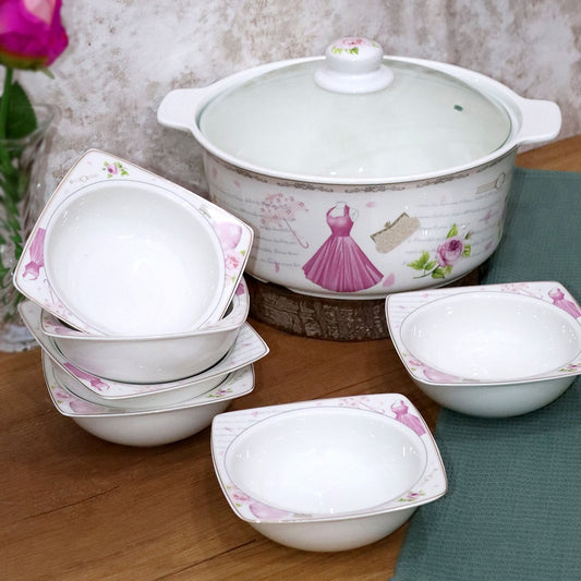 Pink Flowers Porcelain Tureen & Bowls Set