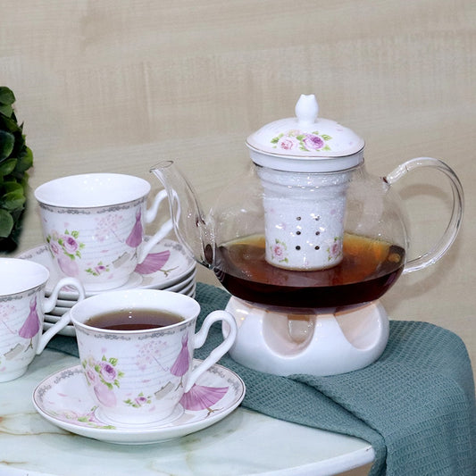 Pink Flowers Porcelain Cups & Pot Set