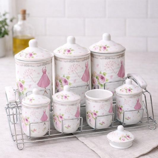 Pink Flowers Porcelain Canisters Set