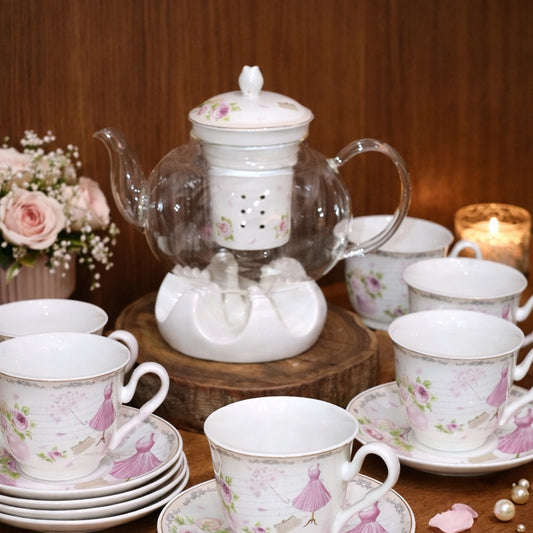 Pink Flowers Porcelain Cups & Pot Set