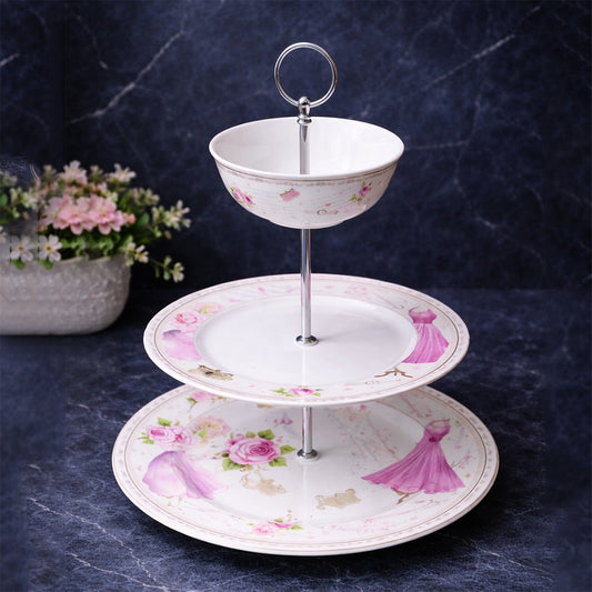 Pink Flowers Porcelain Bowl & Plates Stand
