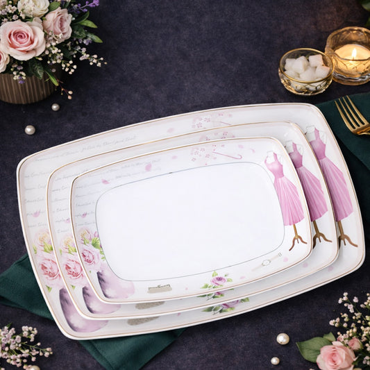 Pink Flowers Porcelain Rectangle Plates Set (3pcs)