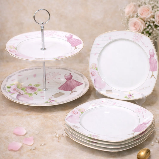 Pink Flowers Porcelain Plates & Stand