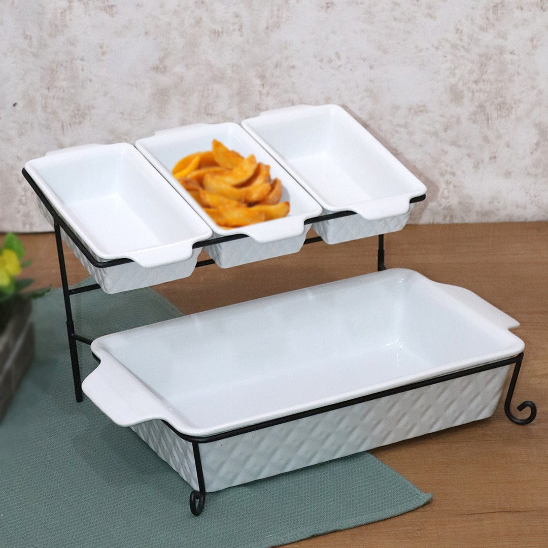 Porcelain Deep Rectangle Serving Set with Stand