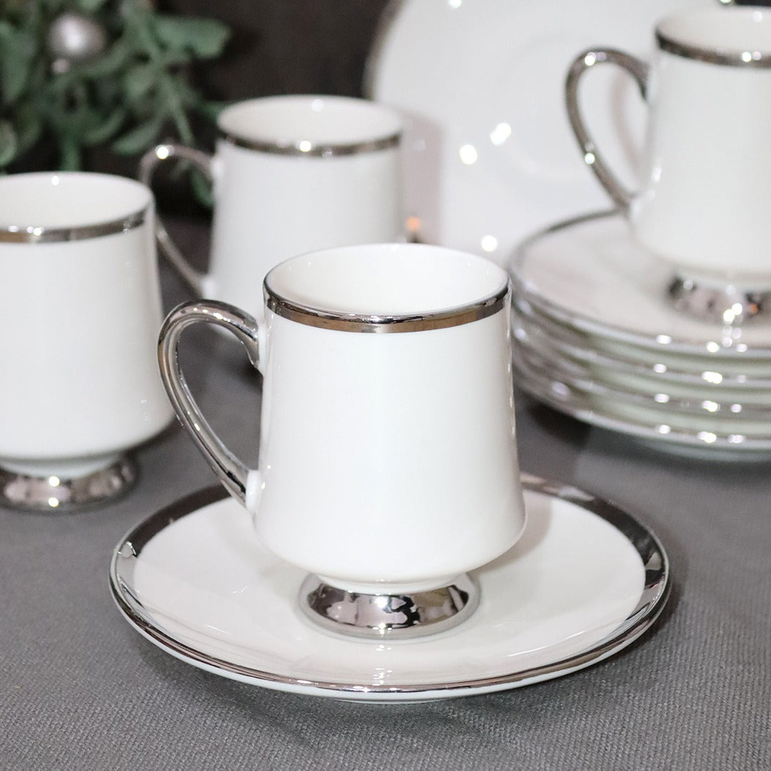 Silver Top Porcelain Coffee Cups & Saucers Set (6pcs)