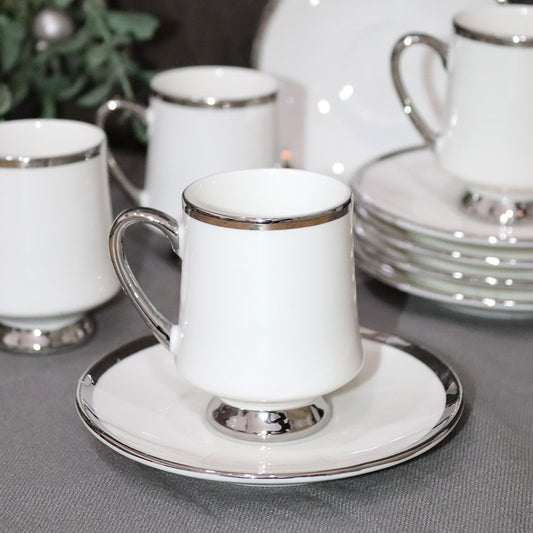 Silver Top Porcelain Coffee Cups & Saucers Set (6pcs)