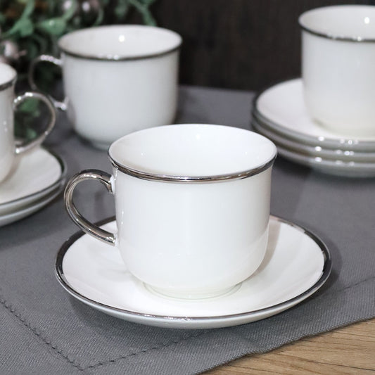 Silver Top Porcelain Tea Cups & Saucers Set (6pcs)