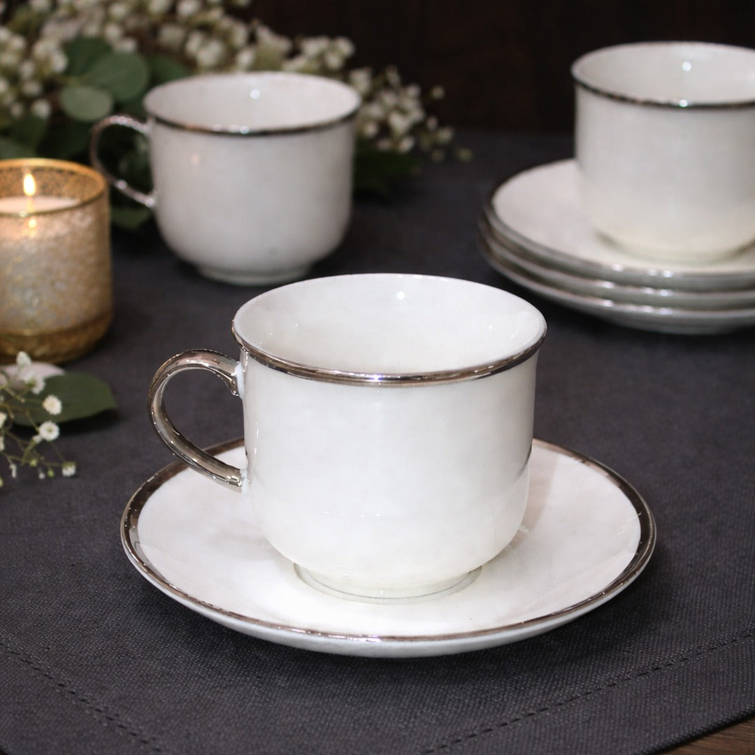Silver Top Porcelain Tea Cups & Saucers Set (6pcs)