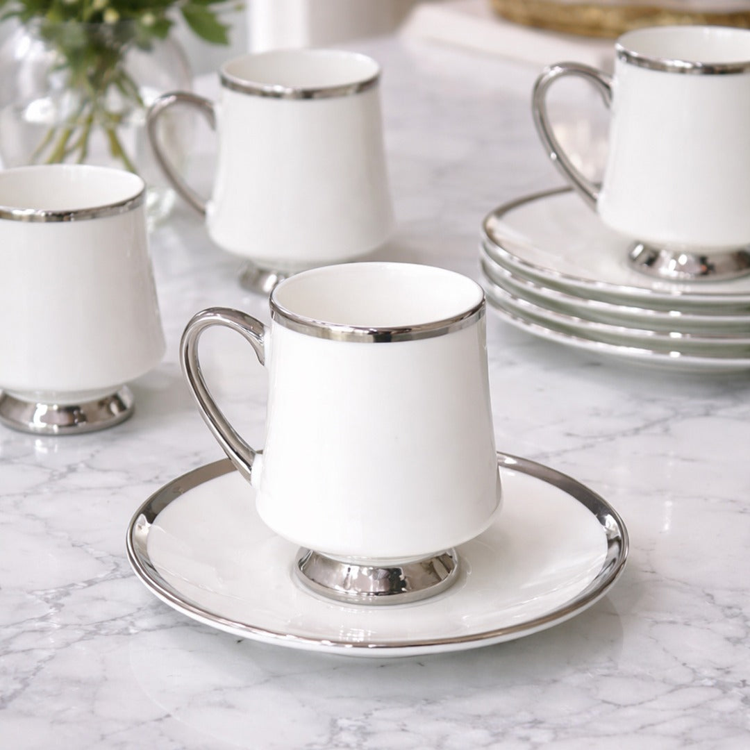 Silver Top Porcelain Coffee Cups & Saucers Set (6pcs)