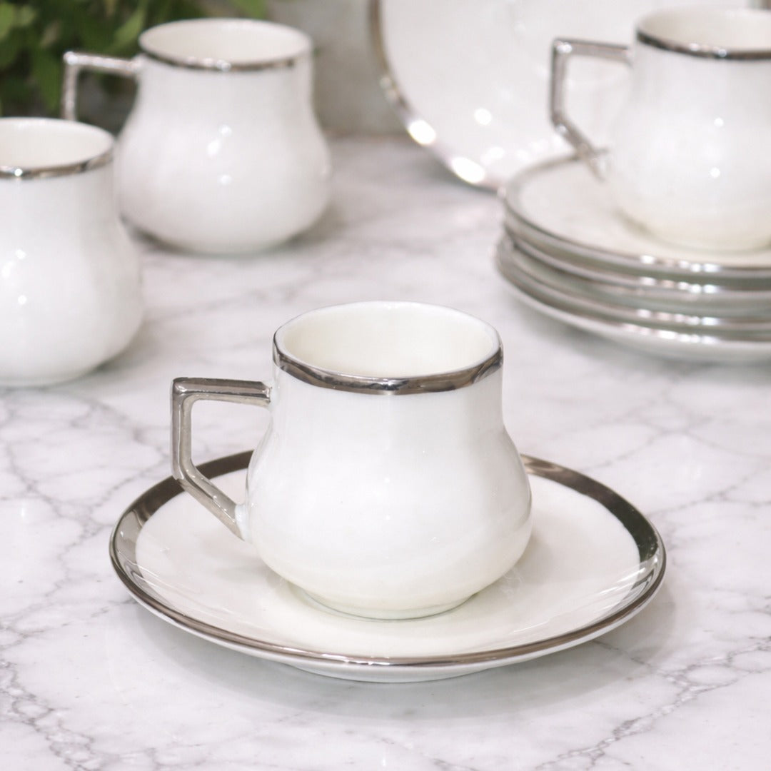 Silver Top Porcelain Coffee Cups & Saucers Set (6pcs)
