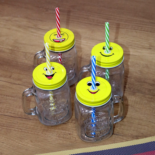 Smiley Glass Mugs with Lid & Straw