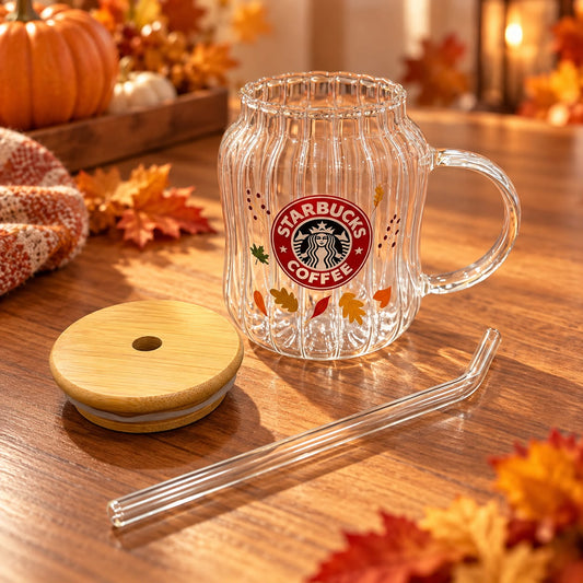Starbucks Autumn Glass Cup with Lid & Straw 500ml