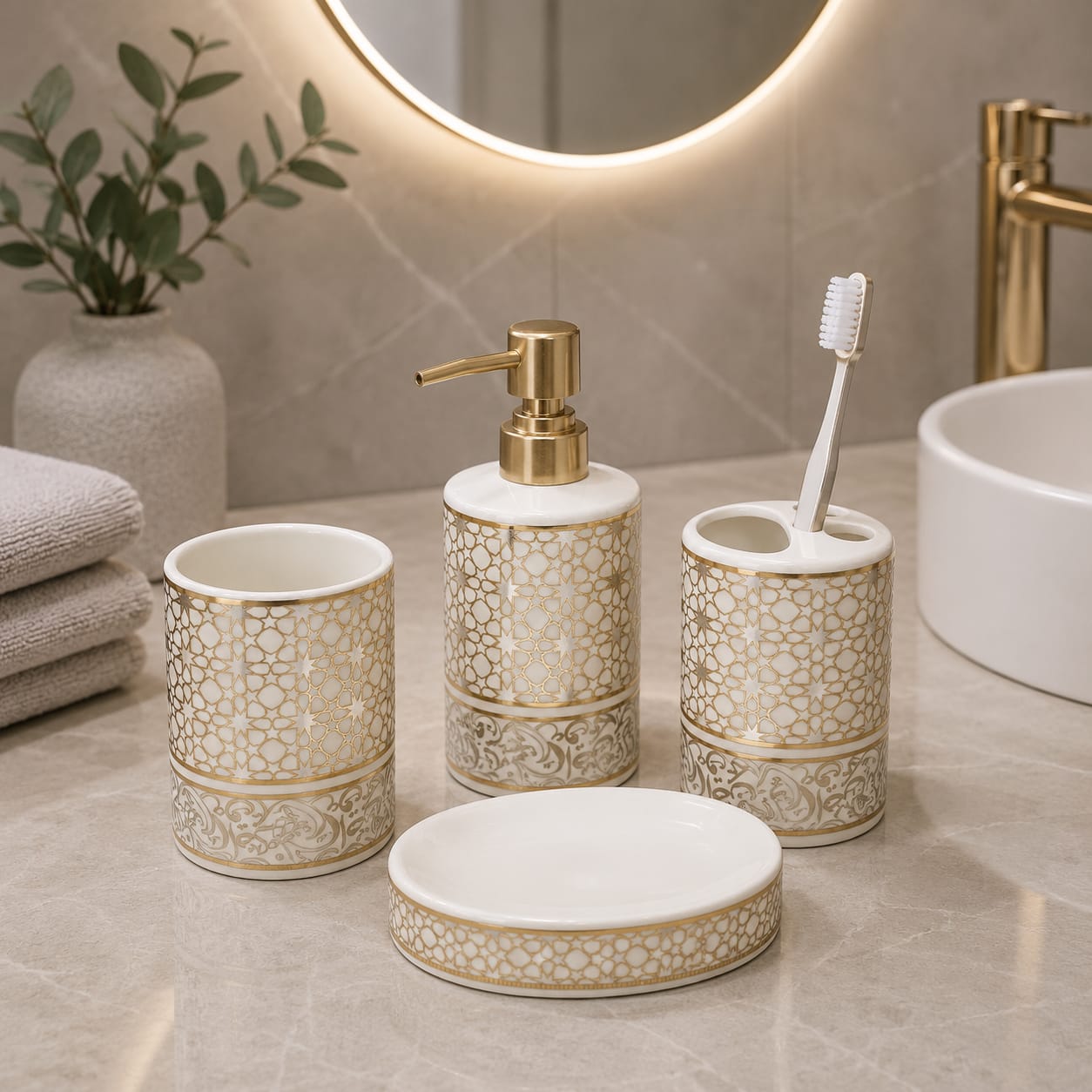 White & Gold Bathroom Set (4pcs)