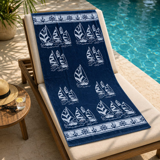 Navy Boats Cotton Beach Towel (85x160cm)