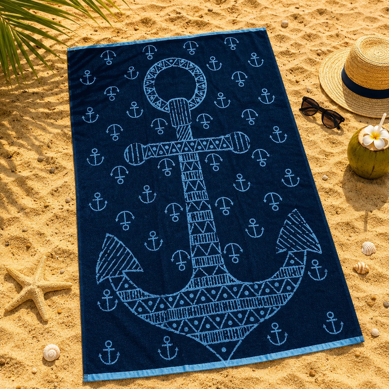 Navy Anchor Cotton Beach Towel (85x160cm)