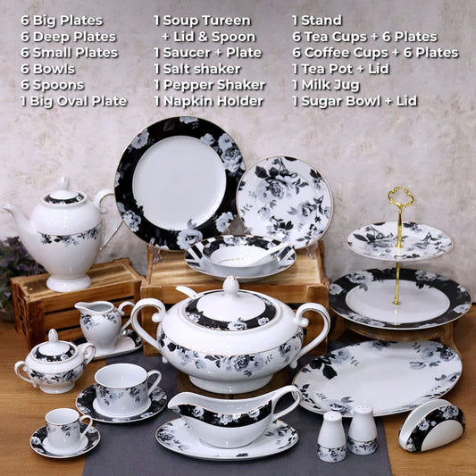 Black & White Flower Full Kitchenware Set (72pcs)