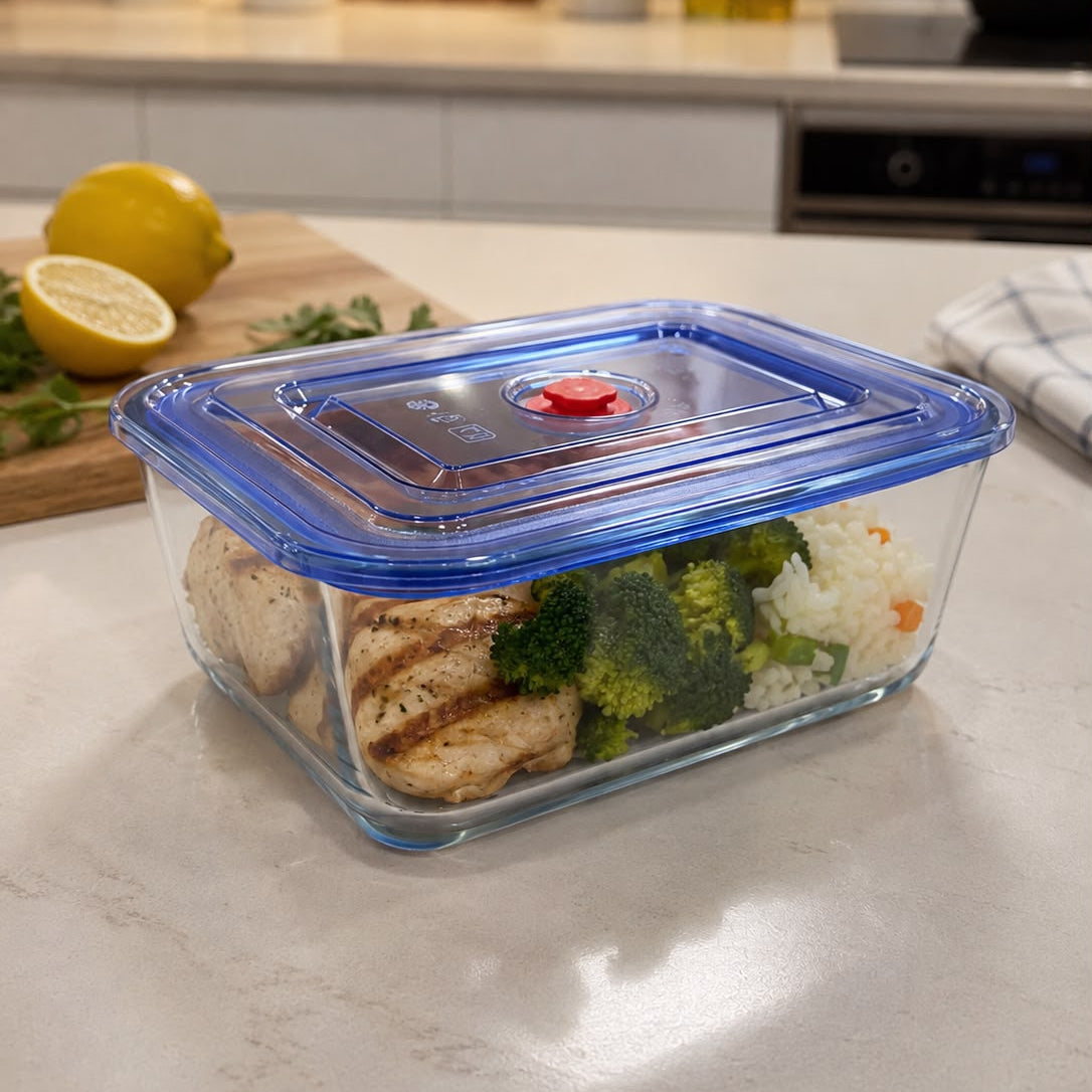 Blue Glass Food Container with Plastic Lid