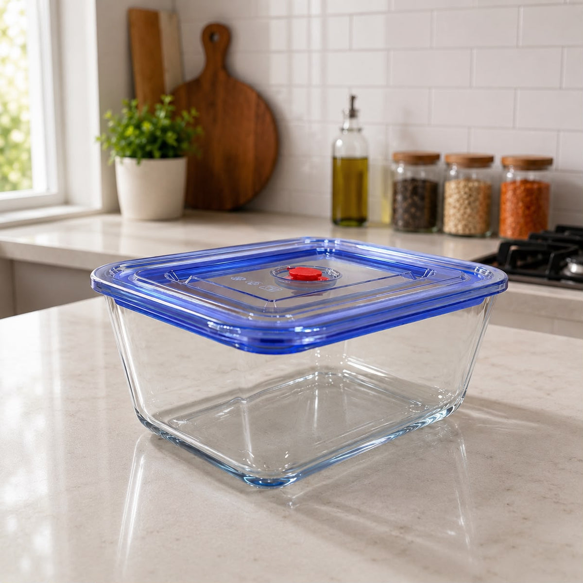 Blue Glass Food Container with Plastic Lid