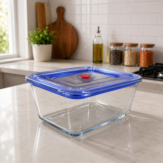 Blue Glass Food Container with Plastic Lid