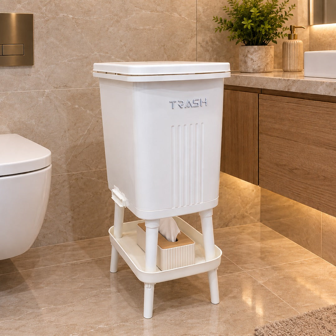Double Compartment Elevated Trash Bin with Bottom Tray