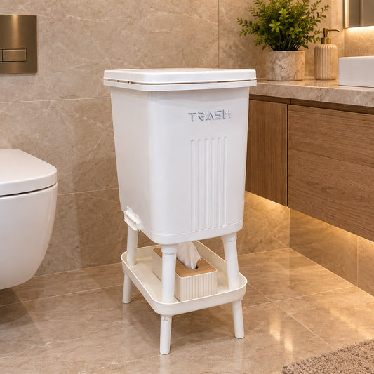 Double Compartment Elevated Trash Bin with Bottom Tray