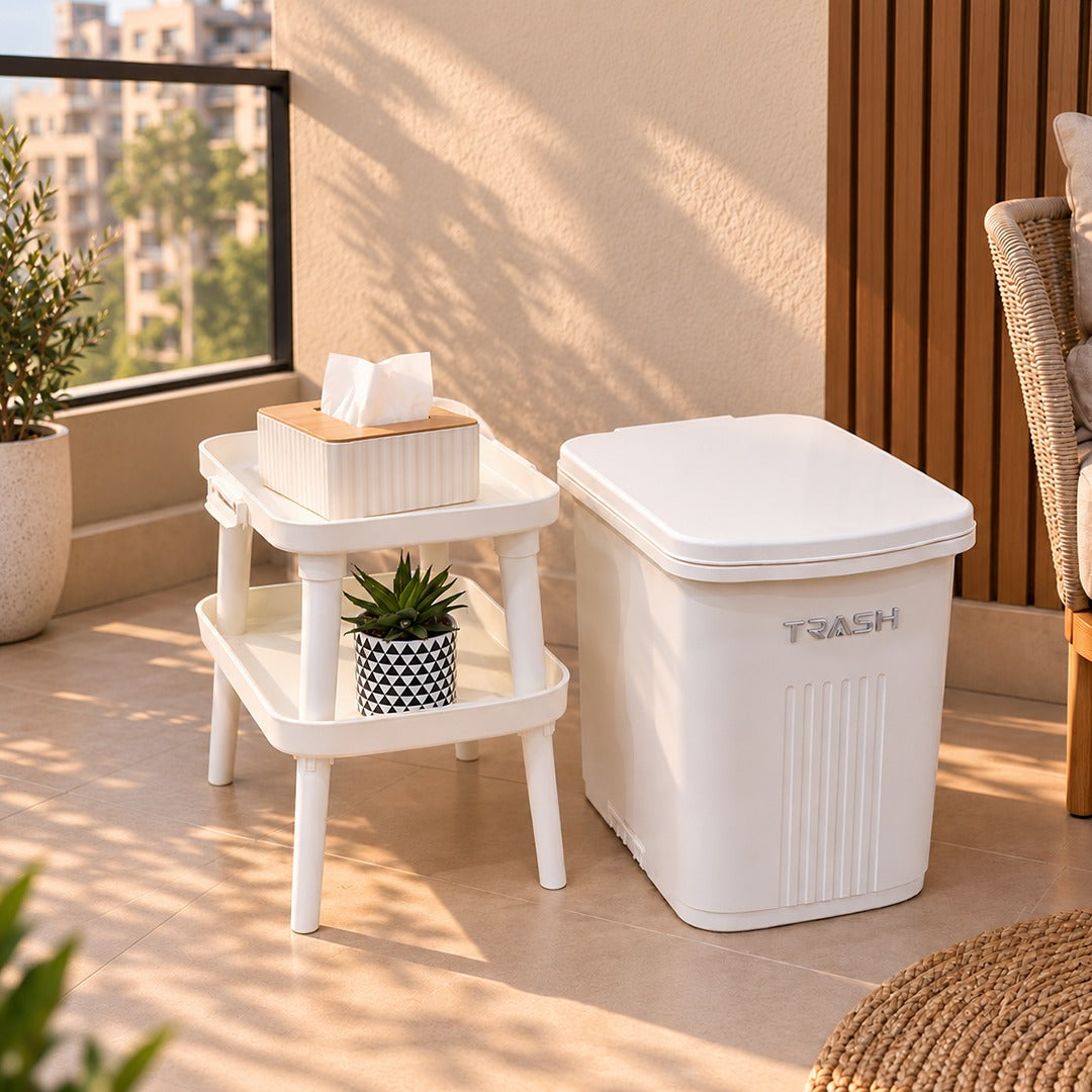 Double Compartment Elevated Trash Bin with Bottom Tray